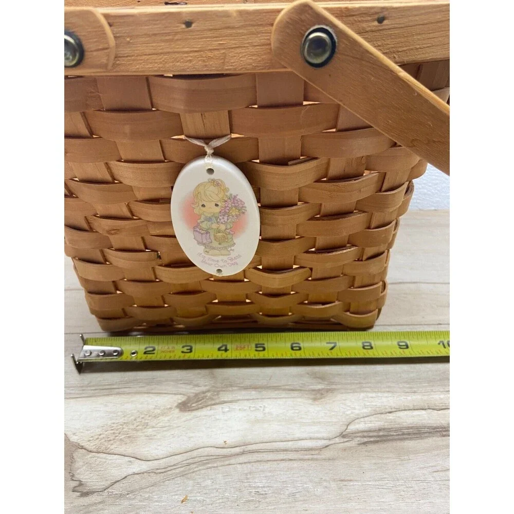 Precious Moments Double Folding Handle Wooden Basket With Porcelain Ornament